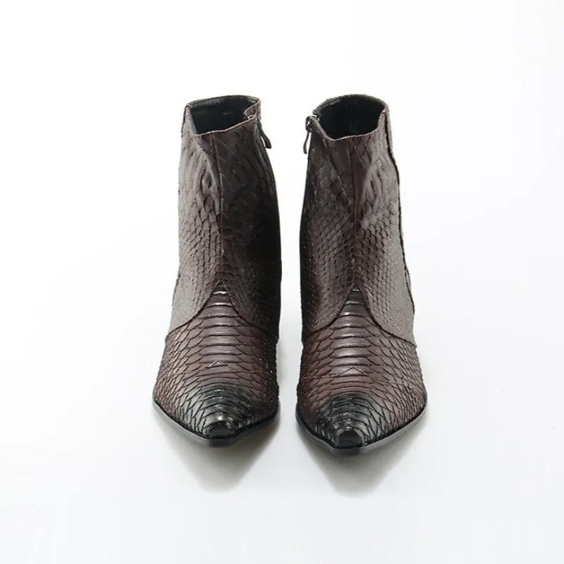 Men's Croc Embossed Cowhide Pointed Toe Zip-Up Booties