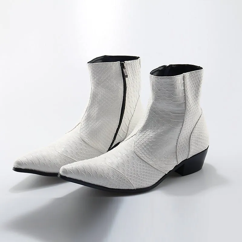 Men's Croc Embossed Cowhide Pointed Toe Zip-Up Booties