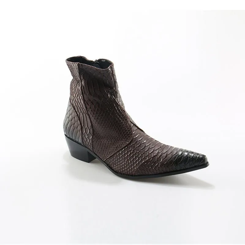 Men's Croc Embossed Cowhide Pointed Toe Zip-Up Booties