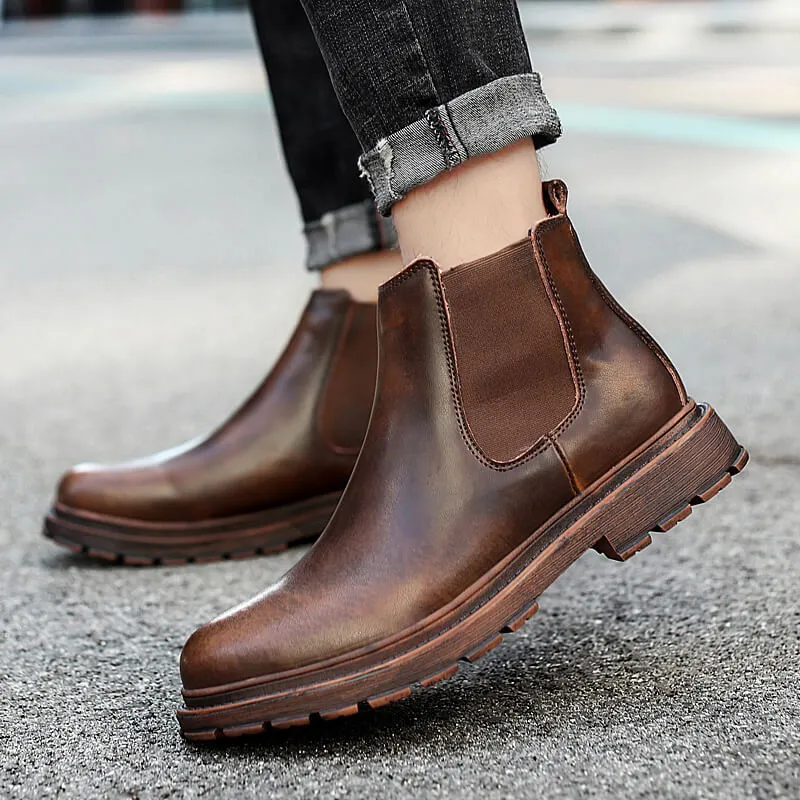 Men's Genuine Leather Chelsea Ankle Boots Retro Casual British Martin Boots Men Slip On Shoes