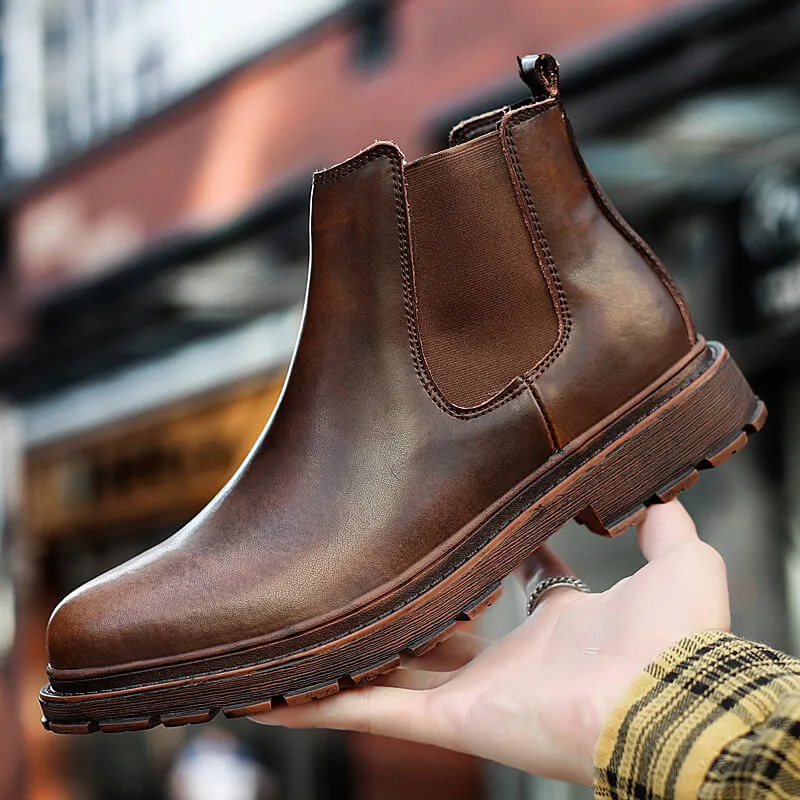 Men's Genuine Leather Chelsea Ankle Boots Retro Casual British Martin Boots Men Slip On Shoes