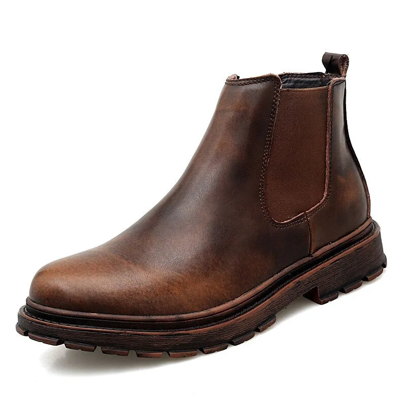Men's Genuine Leather Chelsea Ankle Boots Retro Casual British Martin Boots Men Slip On Shoes