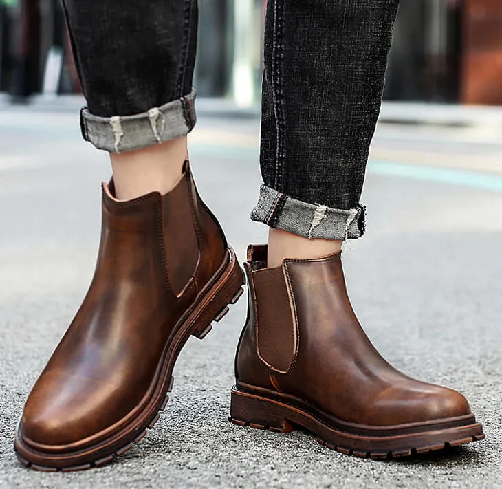 Men's Genuine Leather Chelsea Ankle Boots Retro Casual British Martin Boots Men Slip On Shoes