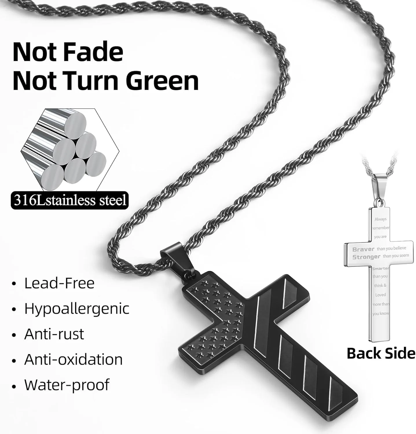 Romass 2Pcs Cross Necklace for Men Boys, American Flag Bible Verse Stainless Steel Silver Black Crosses Necklaces Pendant Chain Jewelry Box Gifts