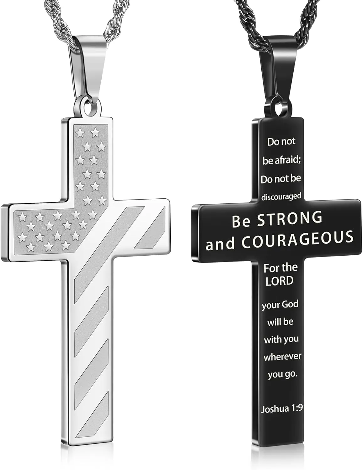 Romass 2Pcs Cross Necklace for Men Boys, American Flag Bible Verse Stainless Steel Silver Black Crosses Necklaces Pendant Chain Jewelry Box Gifts