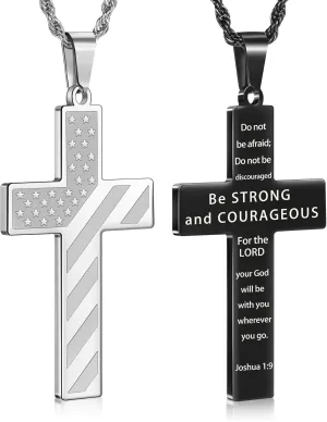 Romass 2Pcs Cross Necklace for Men Boys, American Flag Bible Verse Stainless Steel Silver Black Crosses Necklaces Pendant Chain Jewelry Box Gifts