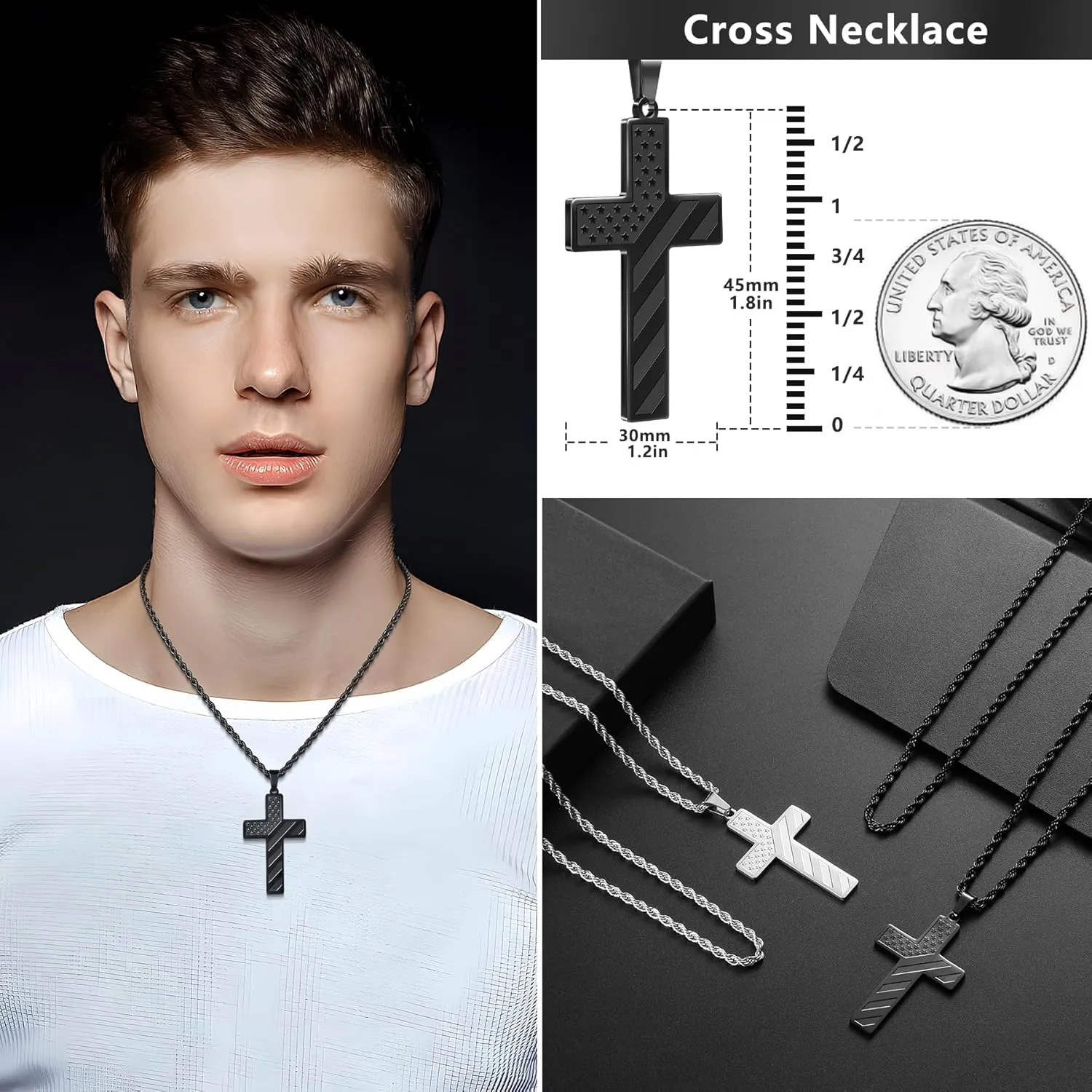 Romass 2Pcs Cross Necklace for Men Boys, American Flag Bible Verse Stainless Steel Silver Black Crosses Necklaces Pendant Chain Jewelry Box Gifts
