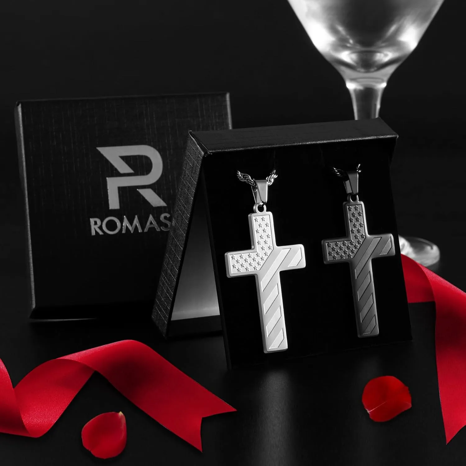 Romass 2Pcs Cross Necklace for Men Boys, American Flag Bible Verse Stainless Steel Silver Black Crosses Necklaces Pendant Chain Jewelry Box Gifts