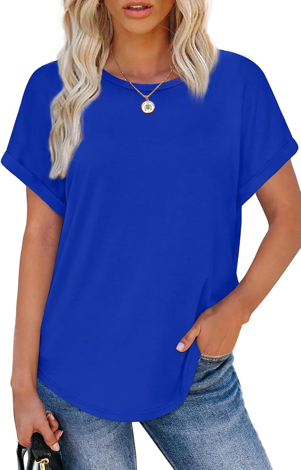 WEESO Womens T Shirts Crew Neck Rolled Short Sleeve Basic Summer Tops 2025 Casual Tees Curved Hem