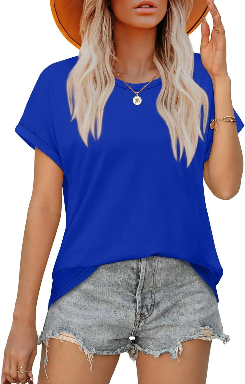 WEESO Womens T Shirts Crew Neck Rolled Short Sleeve Basic Summer Tops 2025 Casual Tees Curved Hem