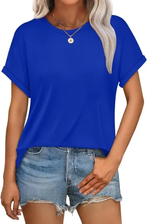 WEESO Womens T Shirts Crew Neck Rolled Short Sleeve Basic Summer Tops 2025 Casual Tees Curved Hem