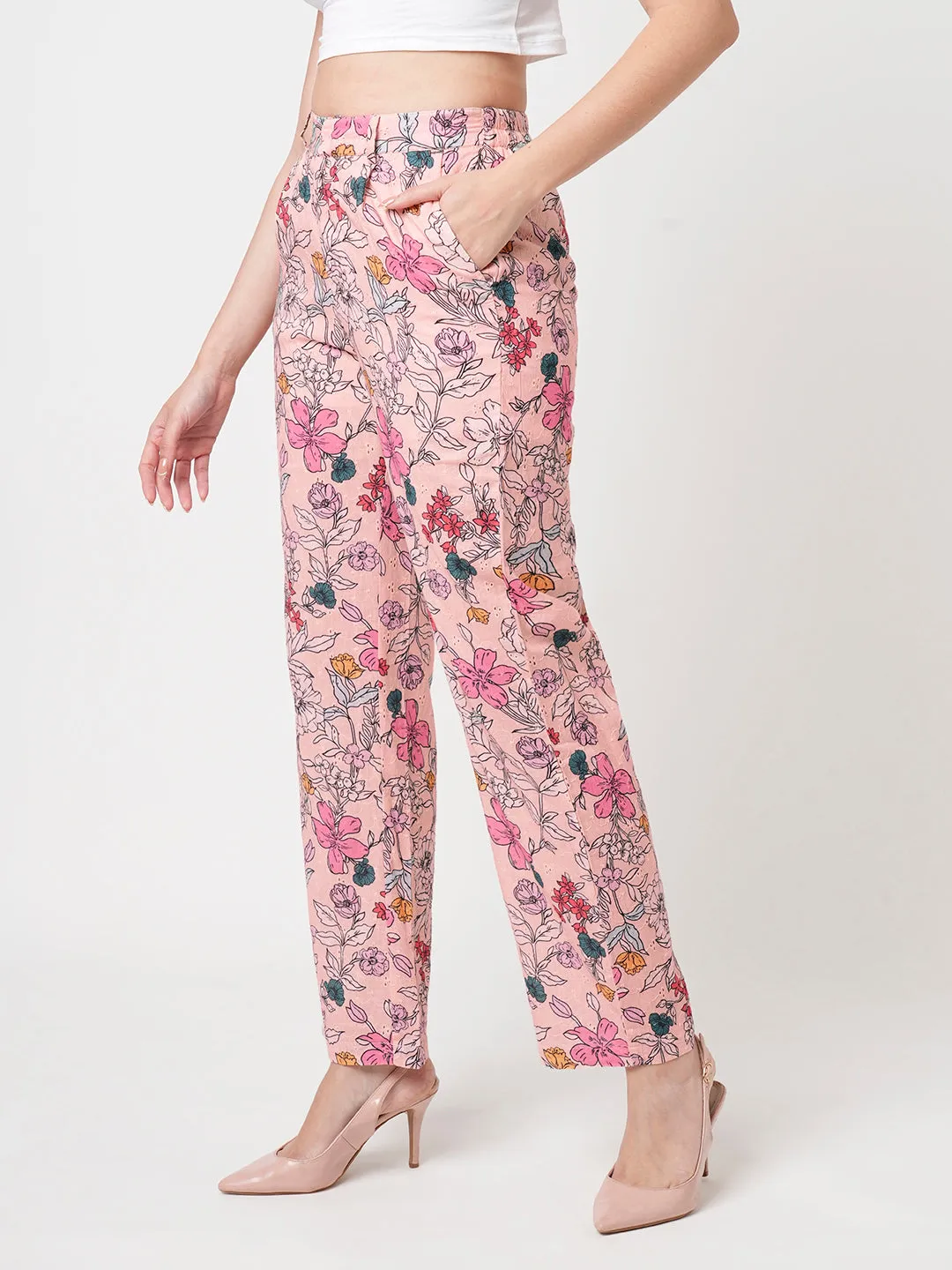 Women Soft Pink High-Rise Loose Straight Pants