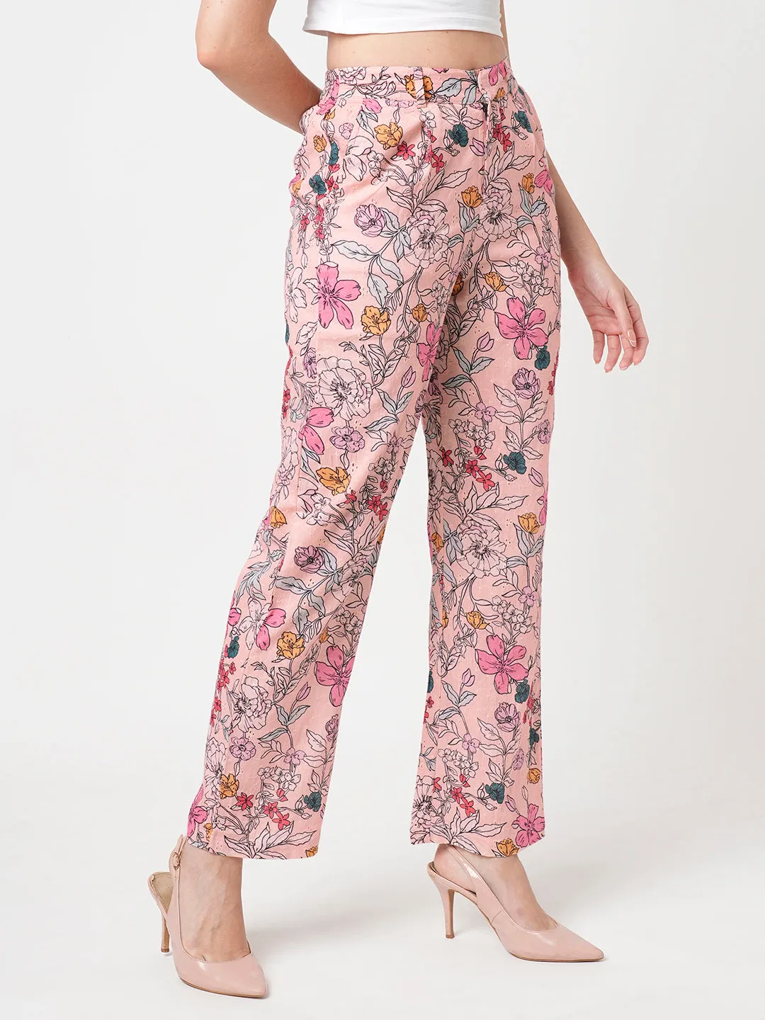 Women Soft Pink High-Rise Loose Straight Pants