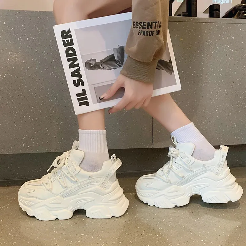 Women's Chunky White Leather Sneakers - Platform Trainers with Hidden Lift, Casual Zapatillas Mujer