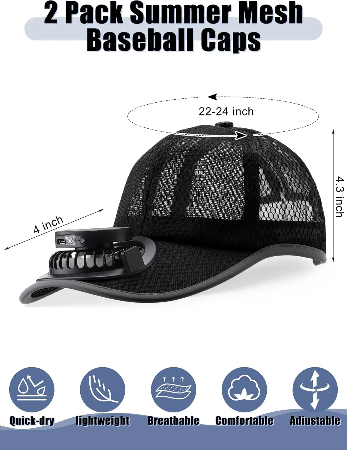Yaomiao 2 Pcs Baseball Cap with Solar Fan Unisex Sun Protection USB Charging Fan Mesh Hat for Summer Outdoor