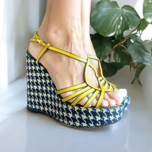 YSL SAINT LAURENT Yellow Leather Houndstooth Satin Wedge Heel Sandals, Size 38