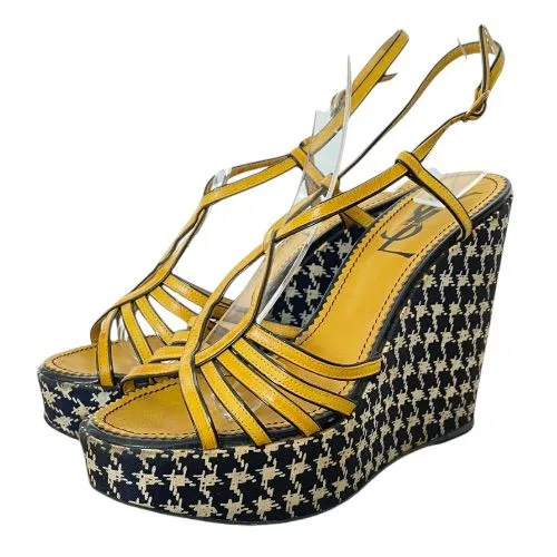 YSL SAINT LAURENT Yellow Leather Houndstooth Satin Wedge Heel Sandals, Size 38