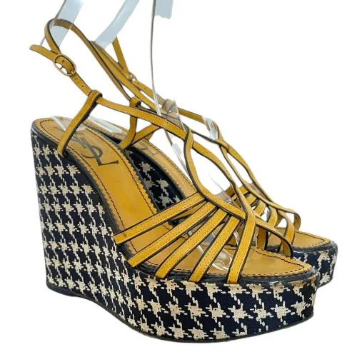 YSL SAINT LAURENT Yellow Leather Houndstooth Satin Wedge Heel Sandals, Size 38